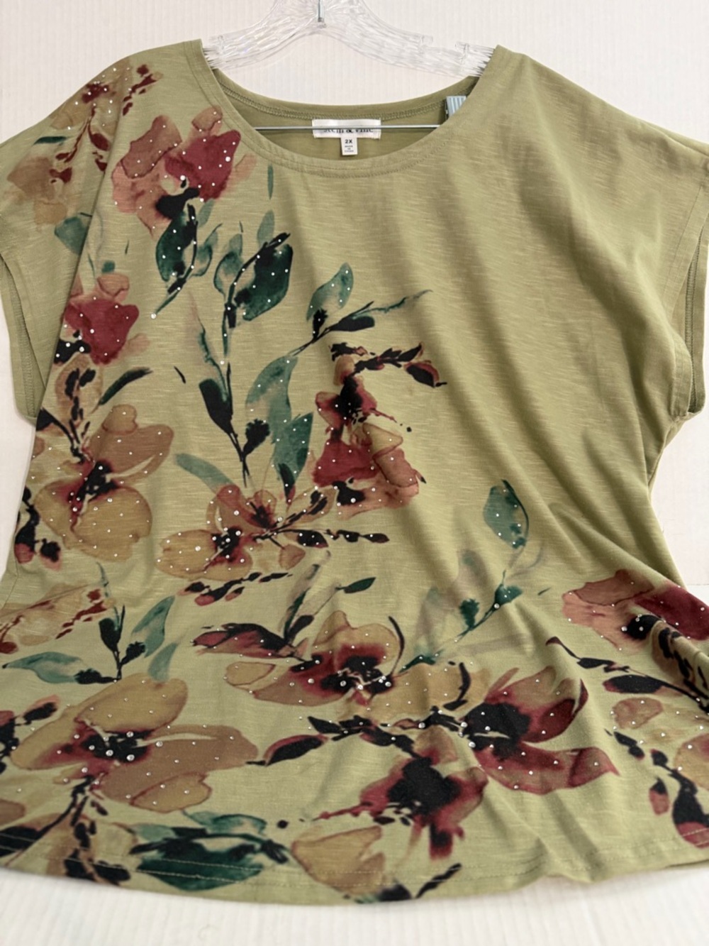Stem & Vine Olive Floral Short Sleeve Tee with Rhinestone Accents